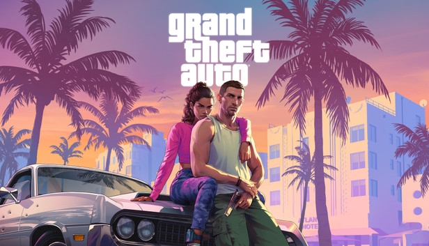 Ilustración de dos personajes apoyados en un auto clásico con palmeras y edificios de estilo Miami al fondo, bajo el logotipo de Grand Theft Auto.