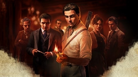 Ilustración oficial de Mafia: The Old Country mostrando a Enzo Favara al frente, sosteniendo una cerilla encendida, con integrantes de la familia Torrisi en segundo plano, ambientados en un entorno oscuro y dramático.