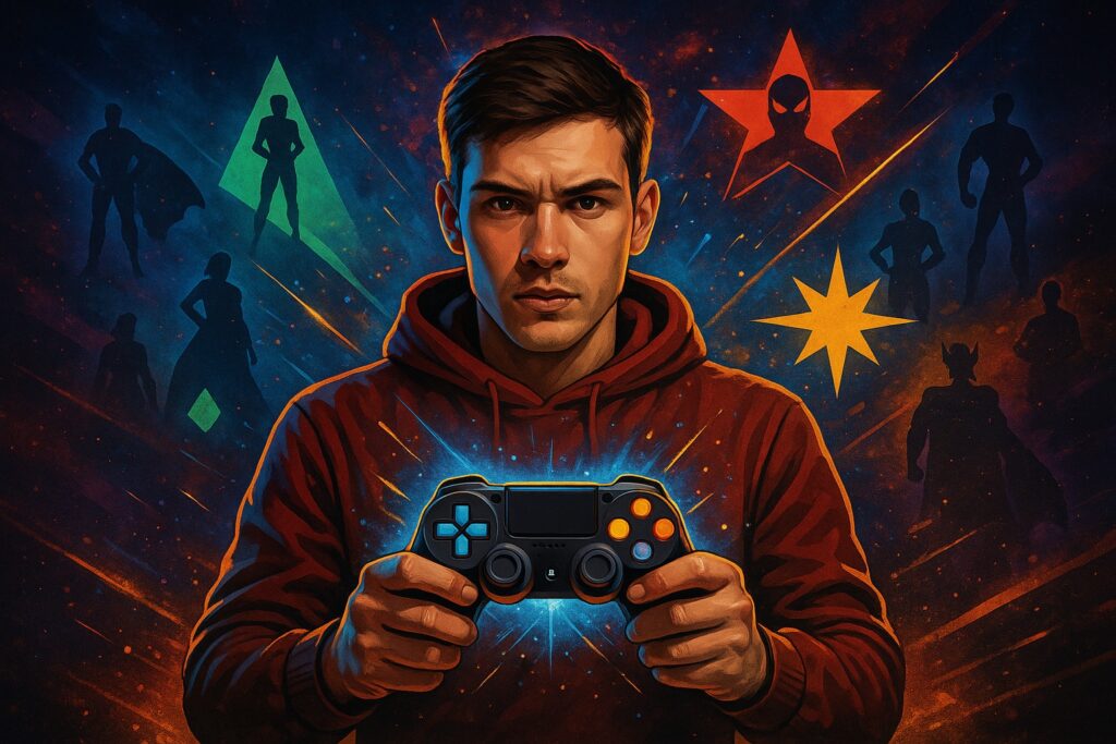 Ilustración editorial de un gamer realista sosteniendo un control futurista, con fondo cósmico vibrante y siluetas heroicas abstractas, simbolizando la fusión entre videojuegos y el universo Marvel Rivals.