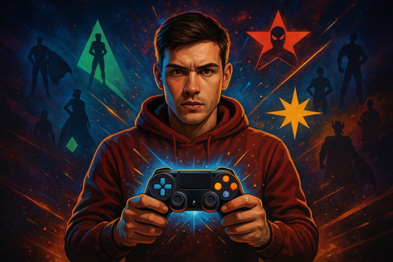 Ilustración editorial de un gamer realista sosteniendo un control futurista, con fondo cósmico vibrante y siluetas heroicas abstractas, simbolizando la fusión entre videojuegos y el universo Marvel Rivals.
