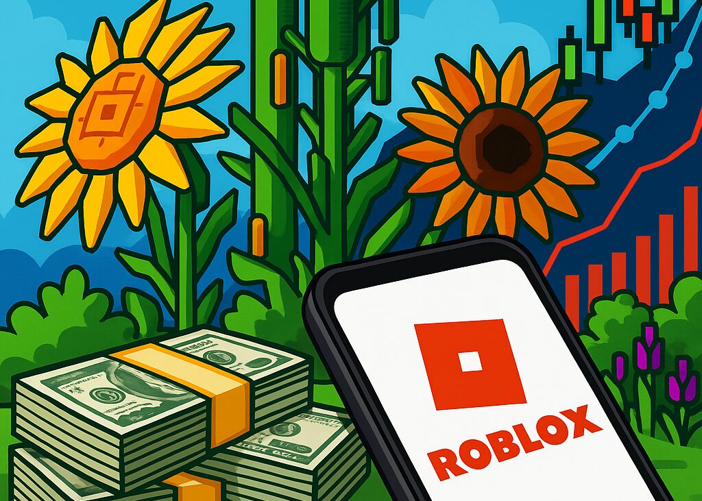 Ilustración digital de Grow a Garden en Roblox con girasoles pixelados, dinero y logotipo de Roblox, destacando el fenómeno global que superó a Fortnite en jugadores simultáneos.