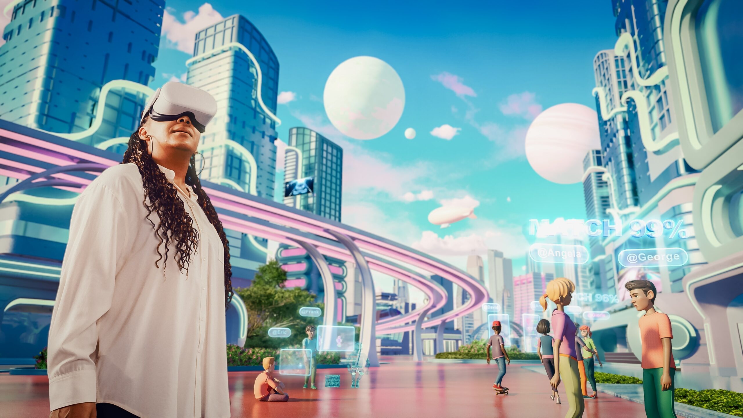 Mujer con visor de realidad virtual interactuando en un entorno urbano futurista con avatares y gráficos digitales.