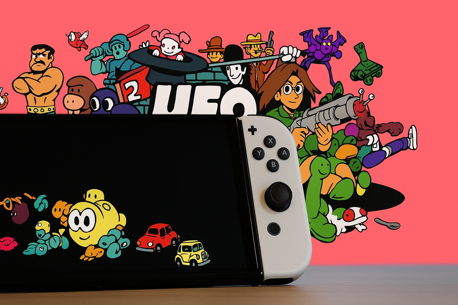 Consola Nintendo Switch blanca en primer plano con personajes coloridos de UFO 50 en fondo pop retro, portada del artículo sobre el lanzamiento del juego.