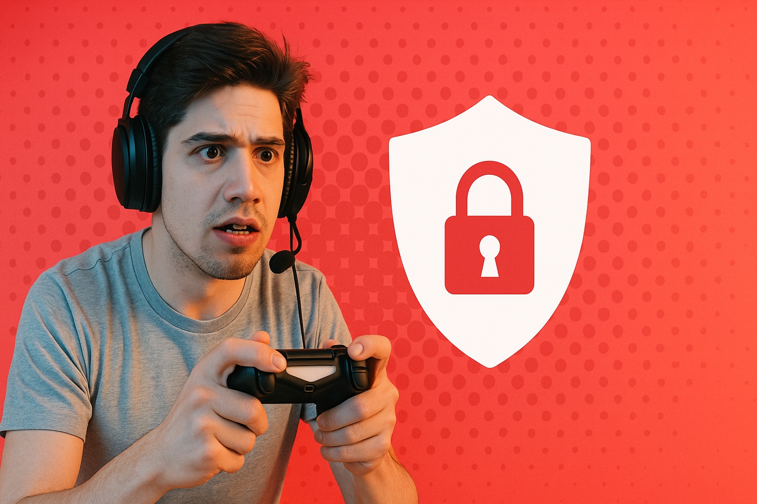 Joven gamer con auriculares y control de videojuegos en primer plano, frente a un fondo estilo pop con ícono de candado que simboliza protección digital y seguridad para gamers.