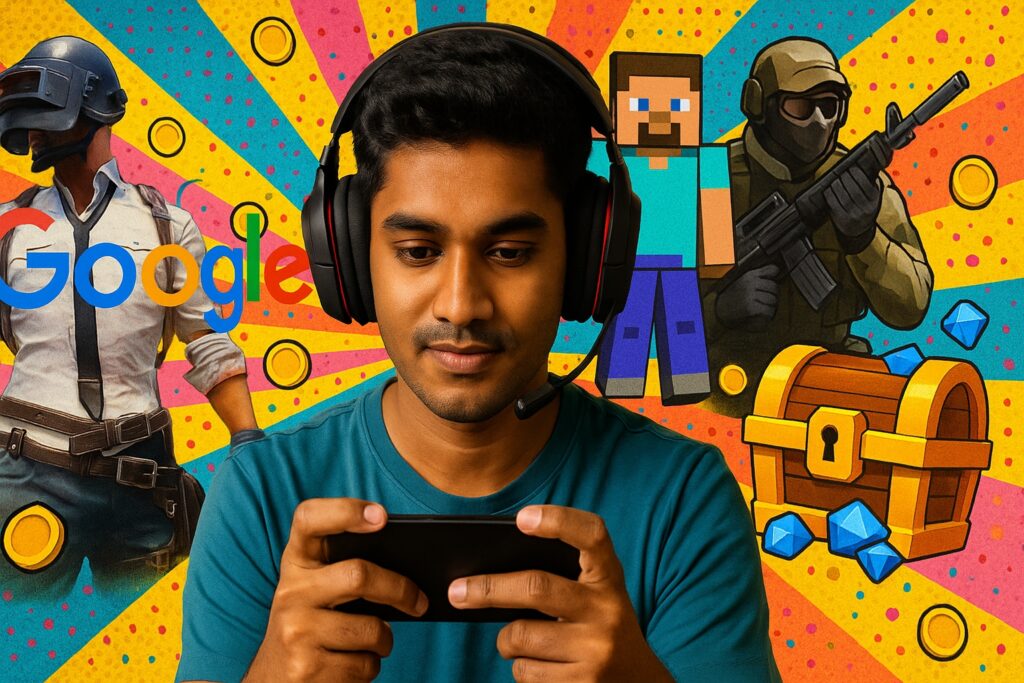 Joven gamer indio con auriculares jugando en su móvil, frente a un fondo colorido con íconos de videojuegos y elementos pop art que representan a STAN, la plataforma social de videojuegos impulsada por Google.