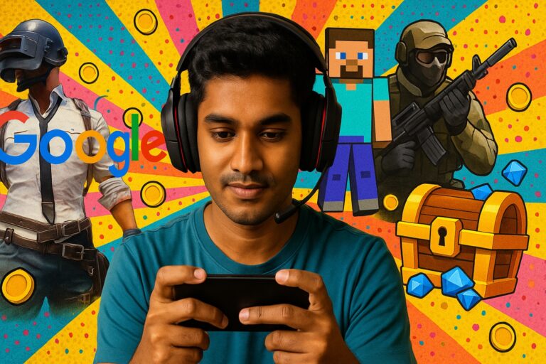 Joven gamer indio con auriculares jugando en su móvil, frente a un fondo colorido con íconos de videojuegos y elementos pop art que representan a STAN, la plataforma social de videojuegos impulsada por Google.