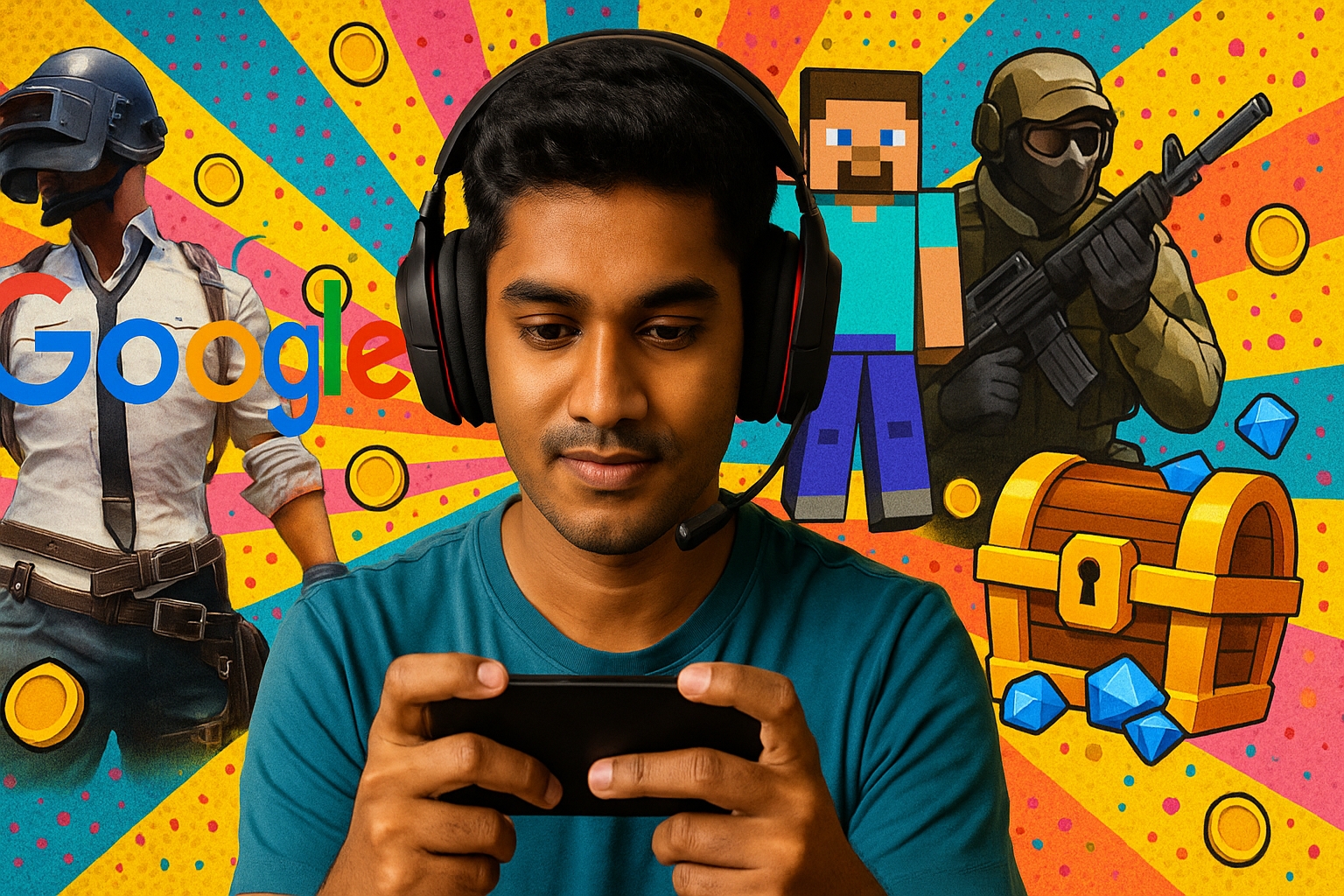 Joven gamer indio con auriculares jugando en su móvil, frente a un fondo colorido con íconos de videojuegos y elementos pop art que representan a STAN, la plataforma social de videojuegos impulsada por Google.