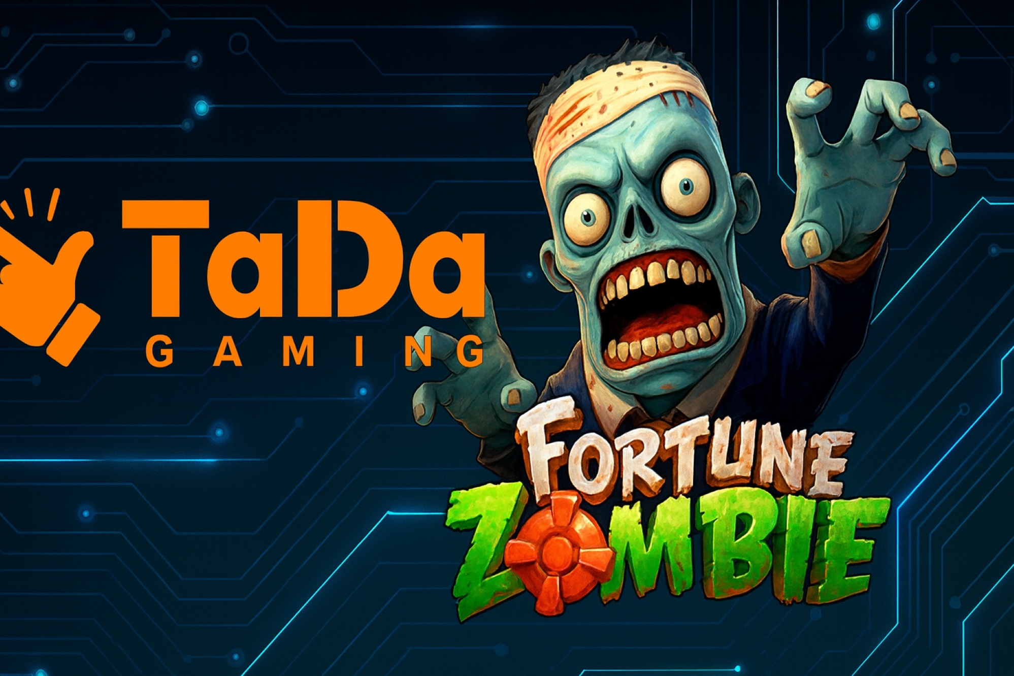 Logo de TaDa Gaming junto al personaje de Fortune Zombie sobre un fondo electrónico futurista, imagen promocional de la participación de TaDa Gaming en SBC Lisboa 2025 con experiencias interactivas y gamificación innovadora.