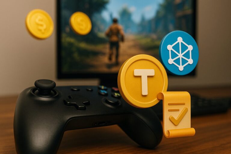 Ilustración editorial de recompensas digitales y tokens en ecosistema Web3 gaming