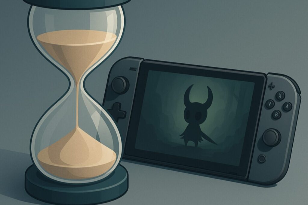 Reloj de arena y consola portátil representan el impacto de los retrasos de Silksong en el egaming global