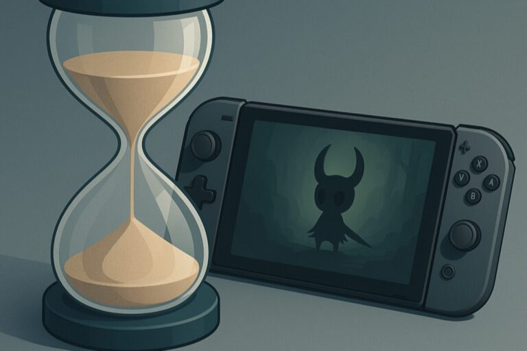 Reloj de arena y consola portátil representan el impacto de los retrasos de Silksong en el egaming global