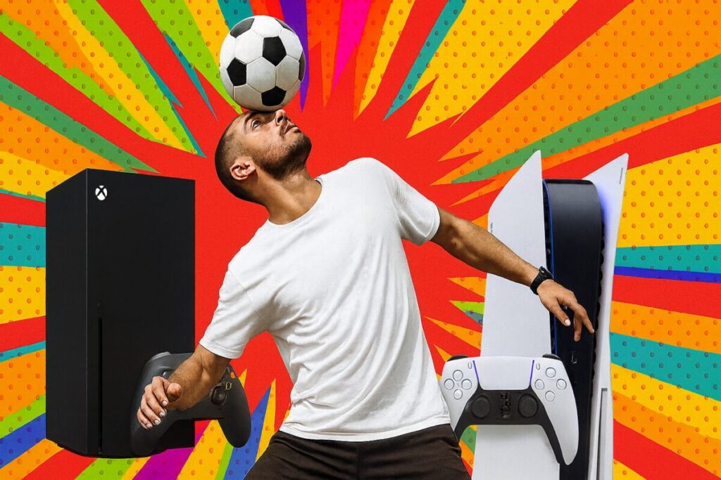 Jugador de freestyle urbano hace acrobacia con balón sobre fondo pop colorido, portada editorial de Freestyle Football 2 en 2026 para Xbox Game Pass y PS5