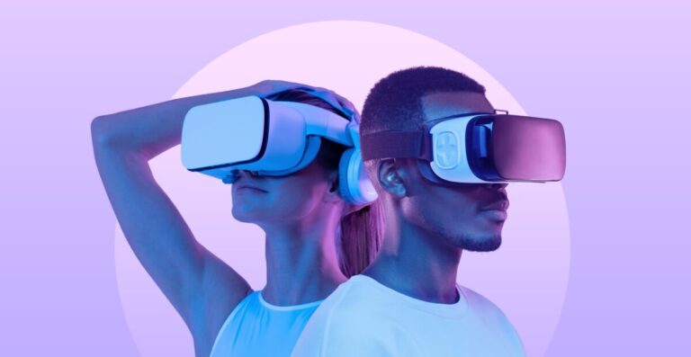 Dos personas con visores de realidad virtual en fondo pop, portada editorial para Hell is Us con enfoque en exploración libre y combate estratégico.
