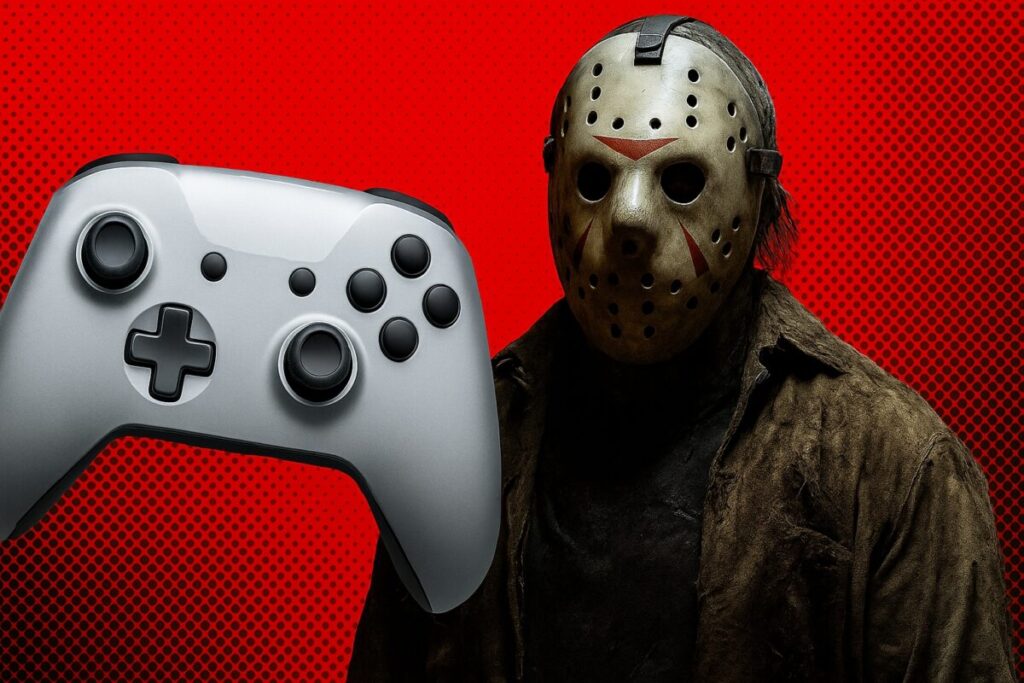 Jason Voorhees sostiene su máscara clásica junto a un control plateado, con fondo rojo y negro estilo pop, portada de artículo sobre su 45 aniversario con película y videojuego.