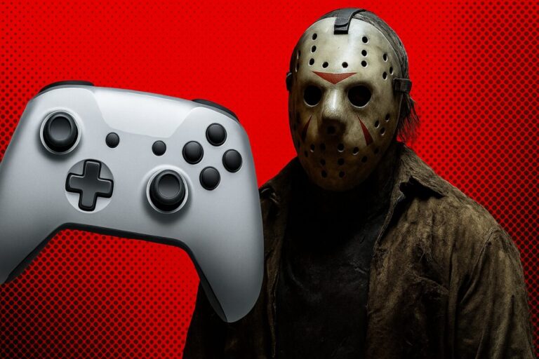 Jason Voorhees sostiene su máscara clásica junto a un control plateado, con fondo rojo y negro estilo pop, portada de artículo sobre su 45 aniversario con película y videojuego.