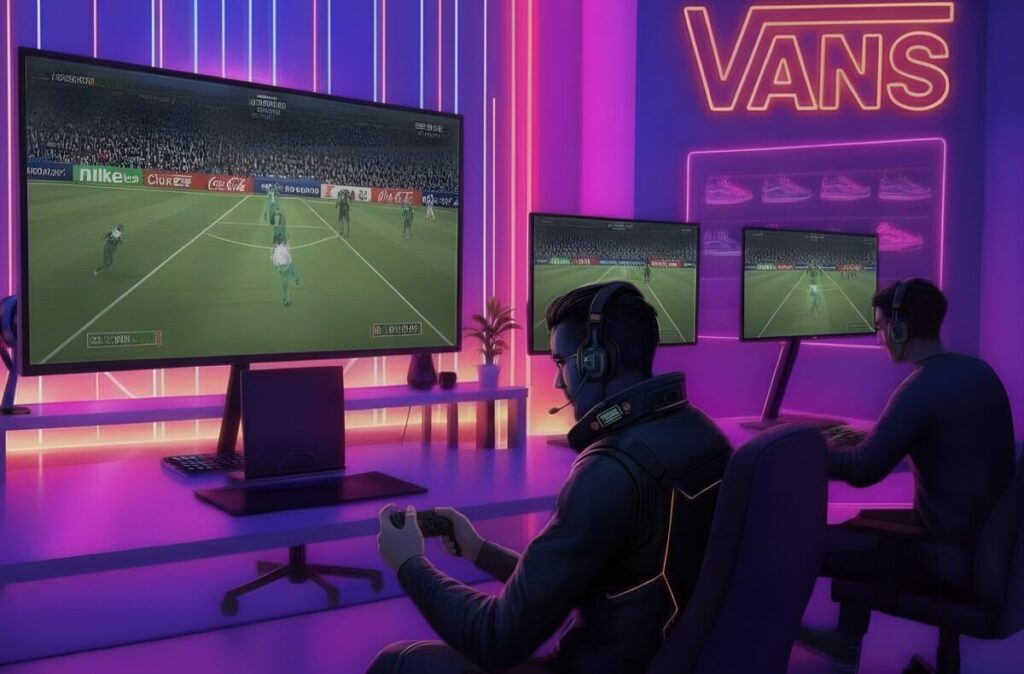 Imagen editorial de jugadores inmersos en videojuegos con integración de marcas y experiencias interactivas