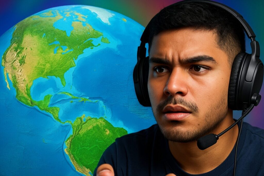 Joven gamer mexicano con control y auriculares frente a un gran globo terráqueo que destaca a México, en un fondo colorido editorial
