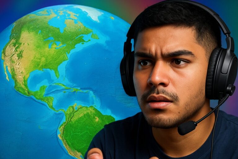 Joven gamer mexicano con control y auriculares frente a un gran globo terráqueo que destaca a México, en un fondo colorido editorial
