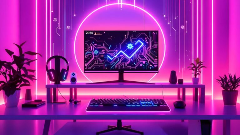 Escritorio con accesorios gamer como monitor, teclado, audífonos y consola que impulsan la industria del videojuego en 2025