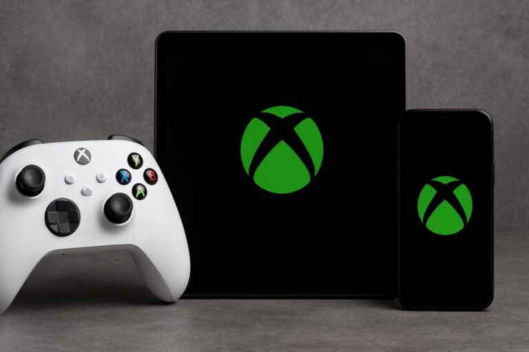 Control de Xbox junto a una tablet y un smartphone con el logotipo de Xbox, representando el acceso al cloud gaming en PC y dispositivos