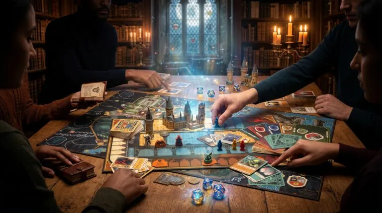 Grupo de jugadores participa en un juego de mesa de fantasía con castillos, cartas y elementos mágicos.