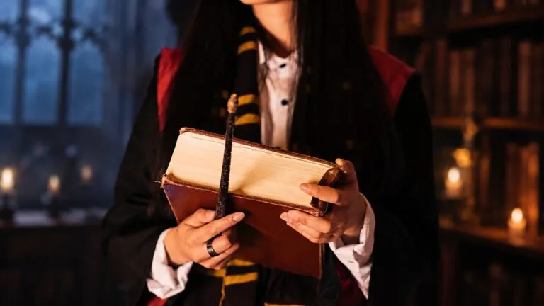 Estudiante con libro mágico en una biblioteca fantástica inspirada en el universo de Harry Potter
