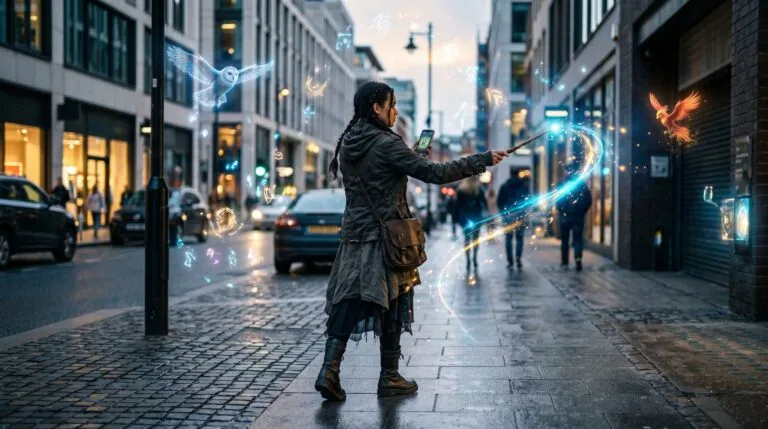 Persona usando un teléfono móvil y lanzando hechizos con realidad aumentada en una calle urbana.