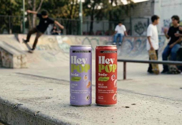 Latas de HeyPOP en un entorno juvenil.