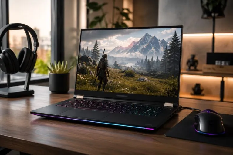 Laptop gaming con alto rendimiento frente a una PC de escritorio moderna en Estados Unidos.