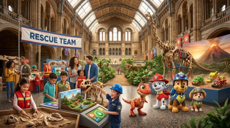 Familias exploran una experiencia interactiva de dinosaurios inspirada en PAW Patrol dentro de un museo.