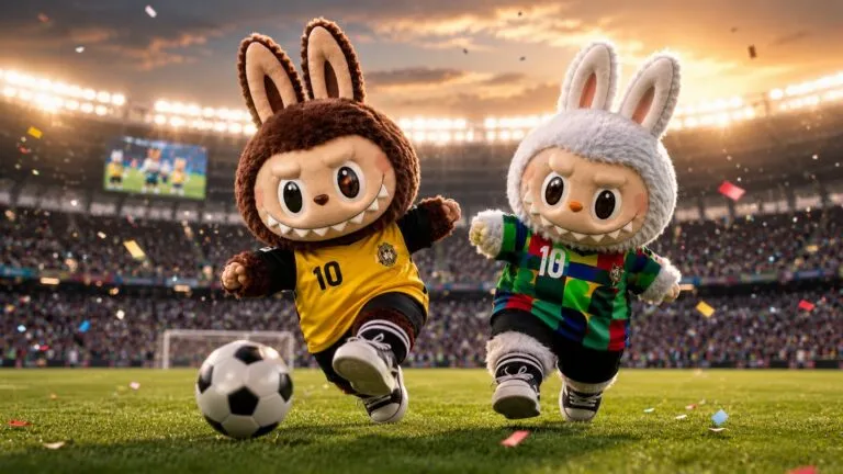 Dos figuras de Labubu con uniformes de futbol corren sobre la cancha de un estadio durante una celebración deportiva.