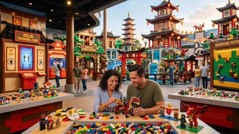 Familias construyen figuras y participan en actividades inspiradas en un universo ninja dentro de un parque temático.