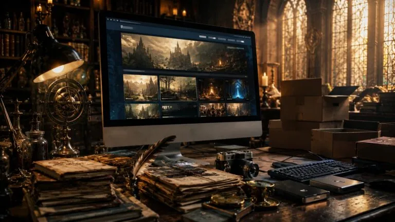 Espacio editorial con una computadora rodeada de archivos, cuadernos antiguos y objetos inspirados en un mundo de fantasía.