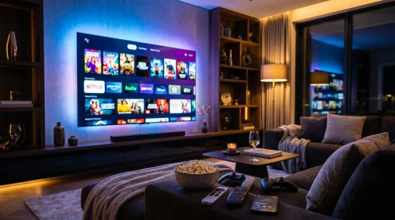 Sala moderna con televisión mostrando un catálogo de plataformas de streaming, controles de videojuegos y palomitas sobre una mesa.