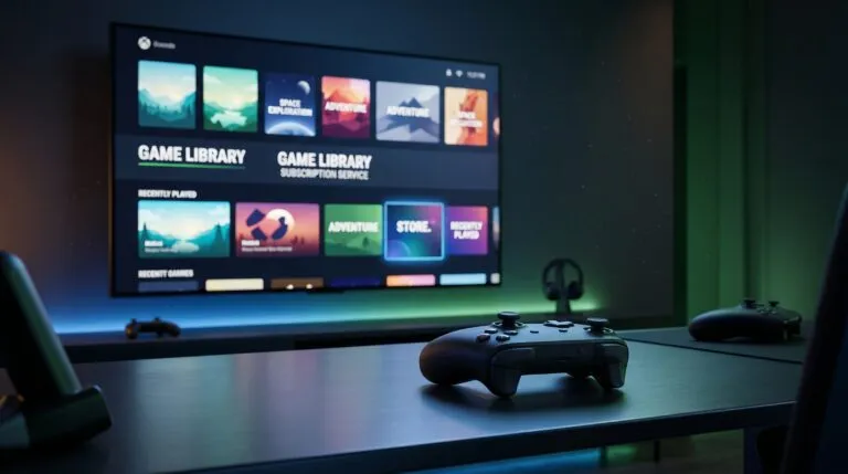 Control de videojuegos frente a una pantalla con un catálogo digital de juegos por suscripción.