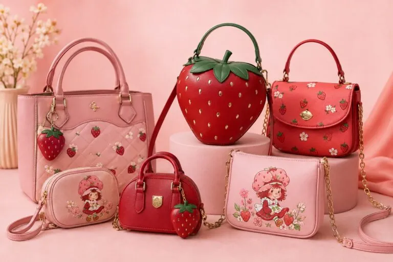 Cloe x Rosita Fresita con bolsas veganas, diseños rojos y rosas, carteras y accesorios inspirados en fresas