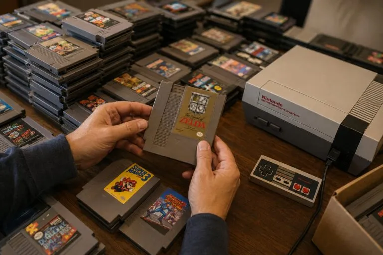 Colección de cartuchos NES de Nintendo encontrada en Wisconsin junto a una consola retro
