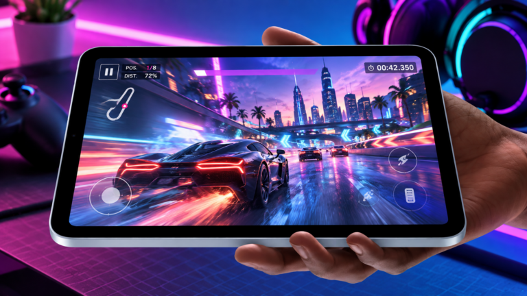 Tableta con videojuego de carreras futuristas en pantalla, rodeada de accesorios gaming e iluminación neón
