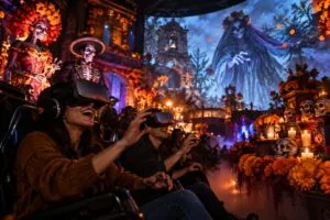 Experiencias inmersivas en Aztlán con realidad virtual, escenarios de terror y decoraciones tradicionales del Día de Muertos.