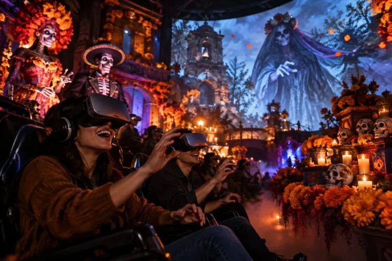 Experiencias inmersivas en Aztlán con realidad virtual, escenarios de terror y decoraciones tradicionales del Día de Muertos.