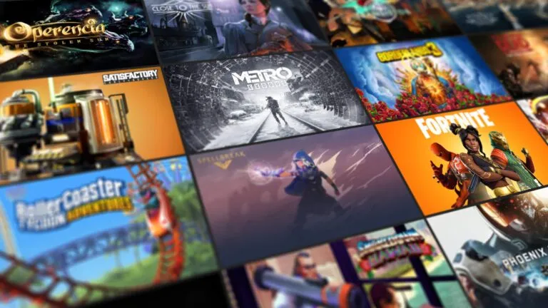 Videojuego de plataformas GetHigh.EXE disponible gratis para PC en Epic Games Store, con escenario futurista y estructuras verticales.