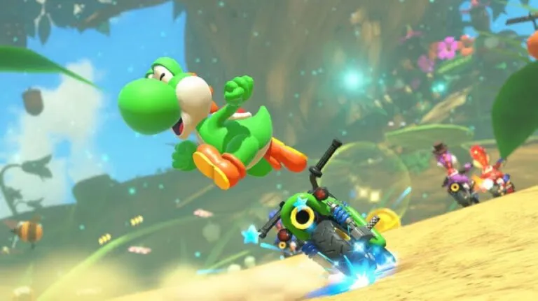 Productos de Yoshi y Mario Kart World con ropa, llaveros, vasos y accesorios inspirados en los personajes de Nintendo.