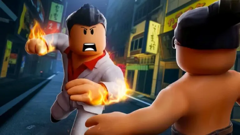 Personajes de apariencia cúbica combaten en una recreación de Kamurocho dentro de Roblox