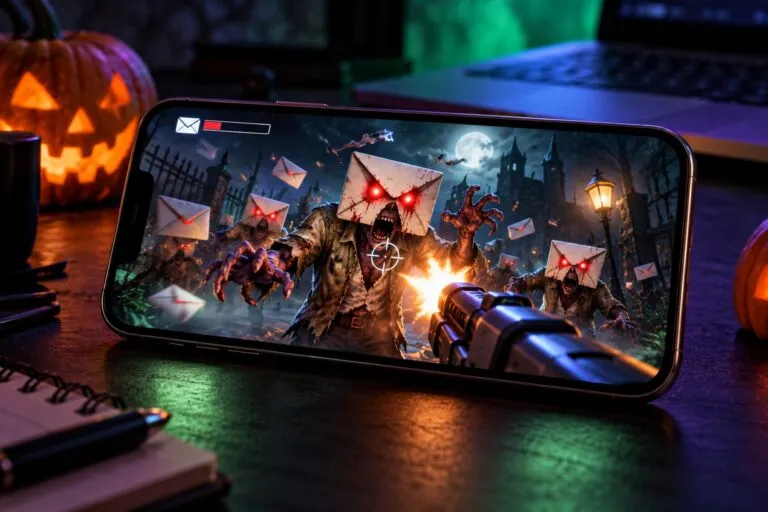 Teléfono móvil con un videojuego de zombis inspirado en los correos electrónicos acumulados, en referencia a The Unread.